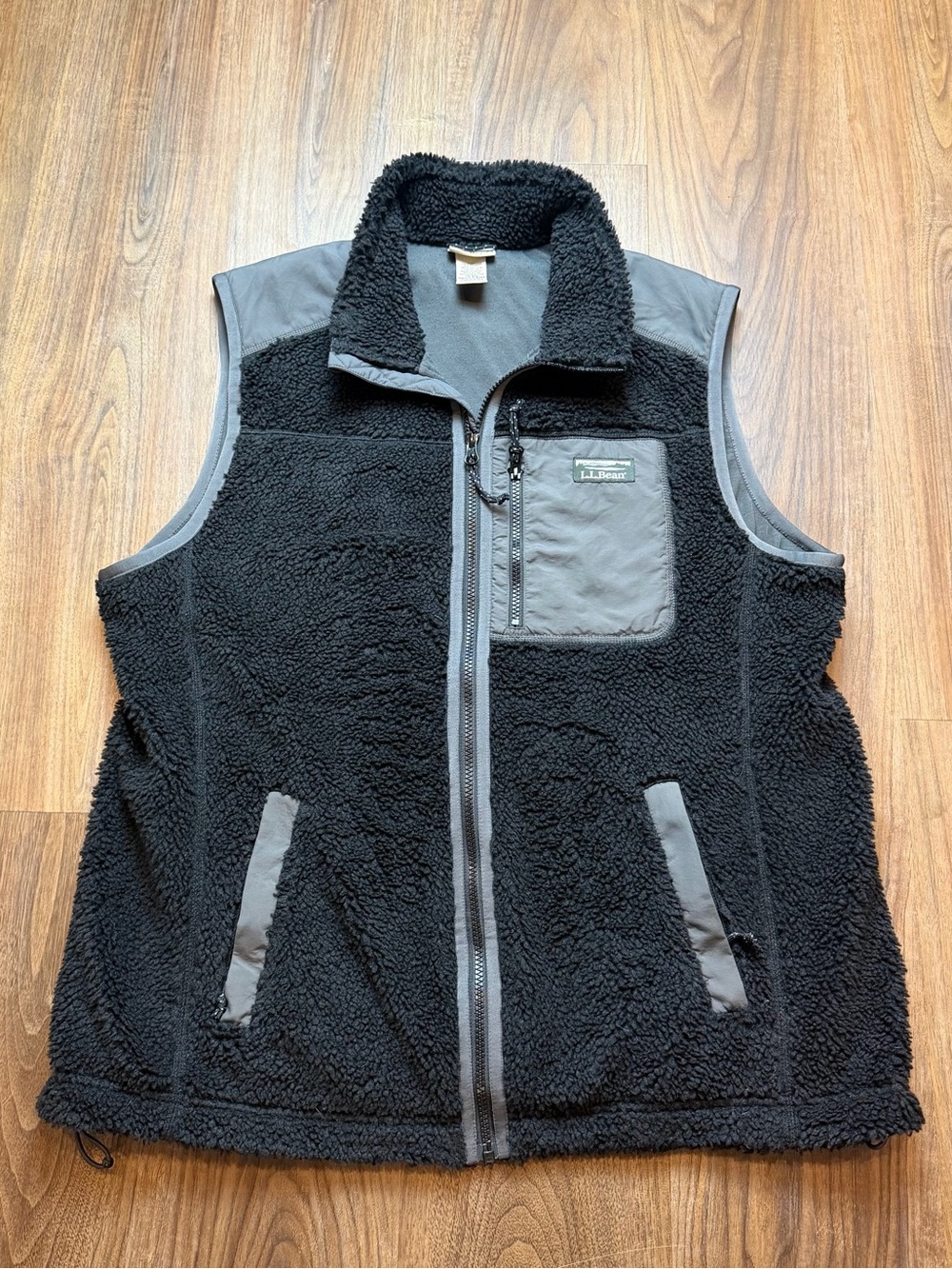 LL Bean Fleece Sherpa Full Zip Black Grey Vest Hiking Outdoors Men’s Large